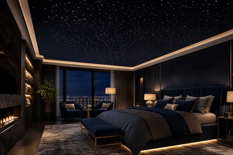 صورة توضيحية لمقال تصميم أسقف الألياف البصرية: أسقف النجوم، الإضاءة المخفية والأجواء الفاخرة