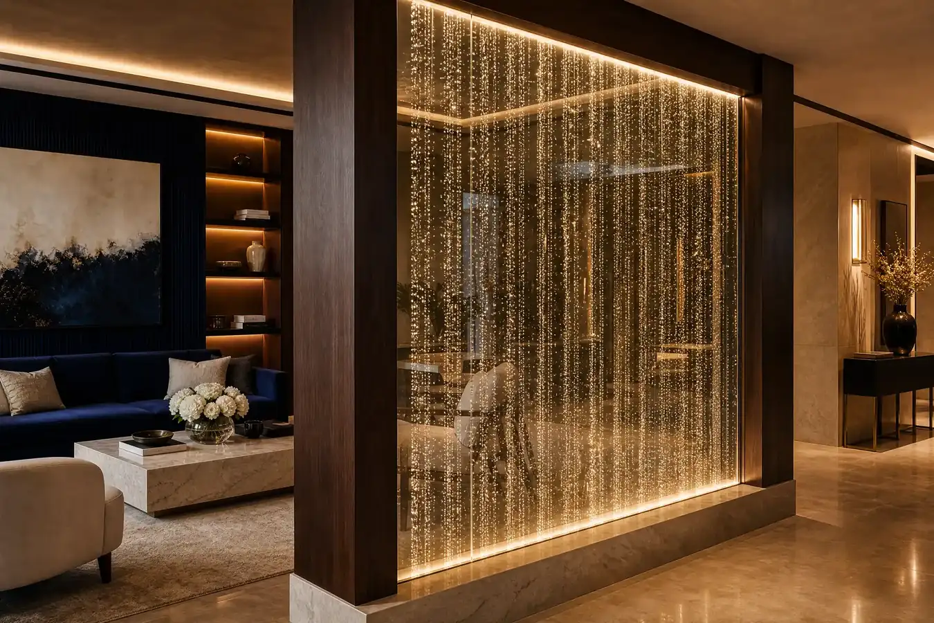 Transparent illuminated bubble water curtain with bubbles rising from bottom to top
