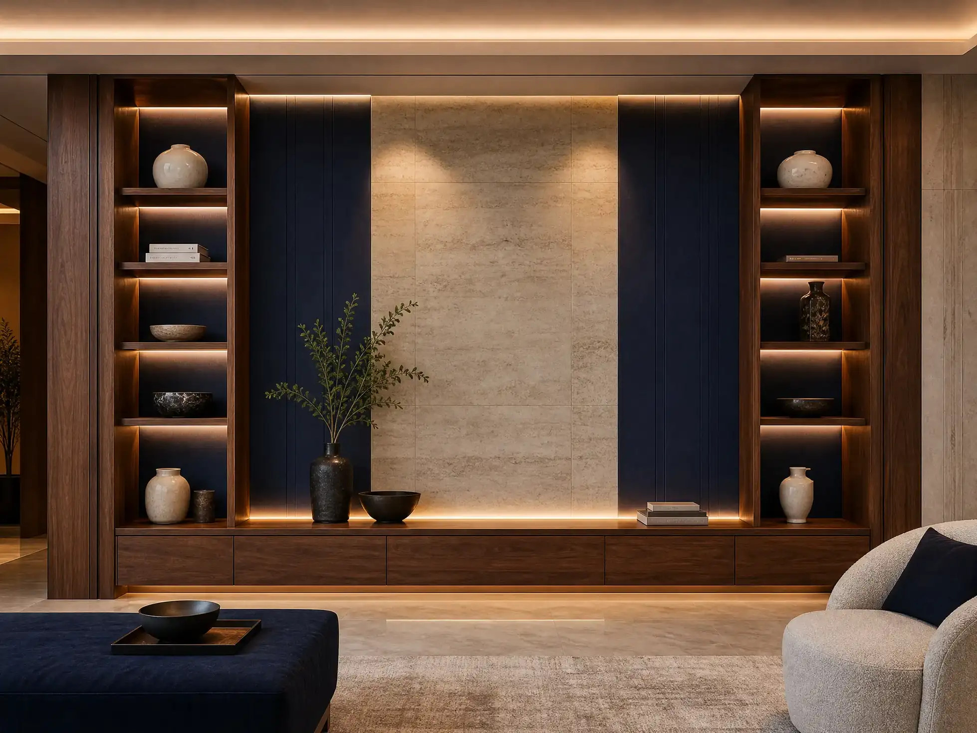 Luxury interior with custom decorative wall shelving