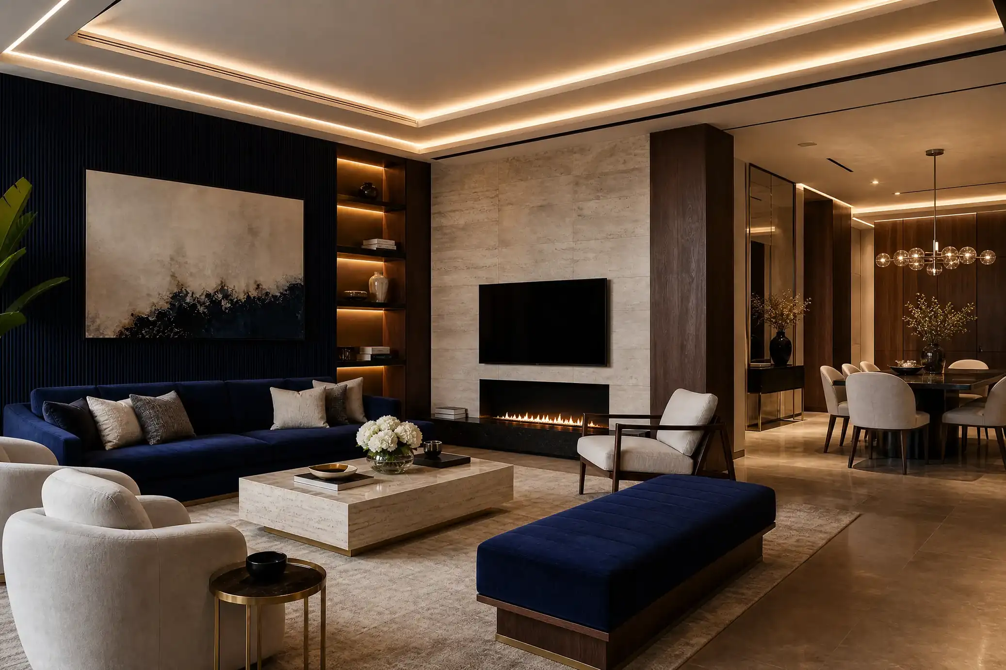 Luxury living room with integrated LED profile ceiling lighting