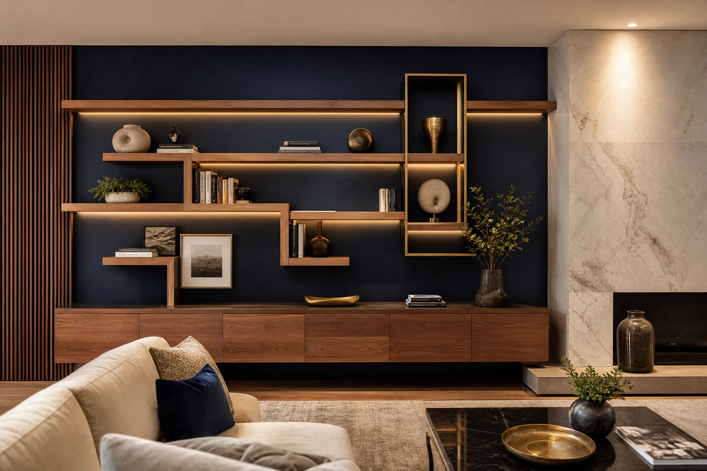 Luxury interior with custom decorative wall shelving
