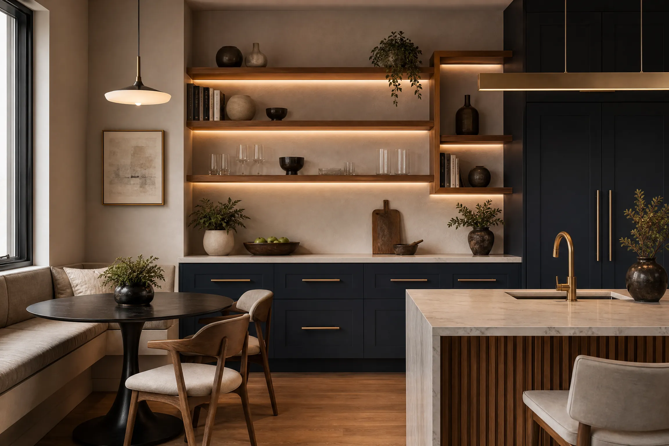 Custom wall shelves integrated into a luxury kitchen interior