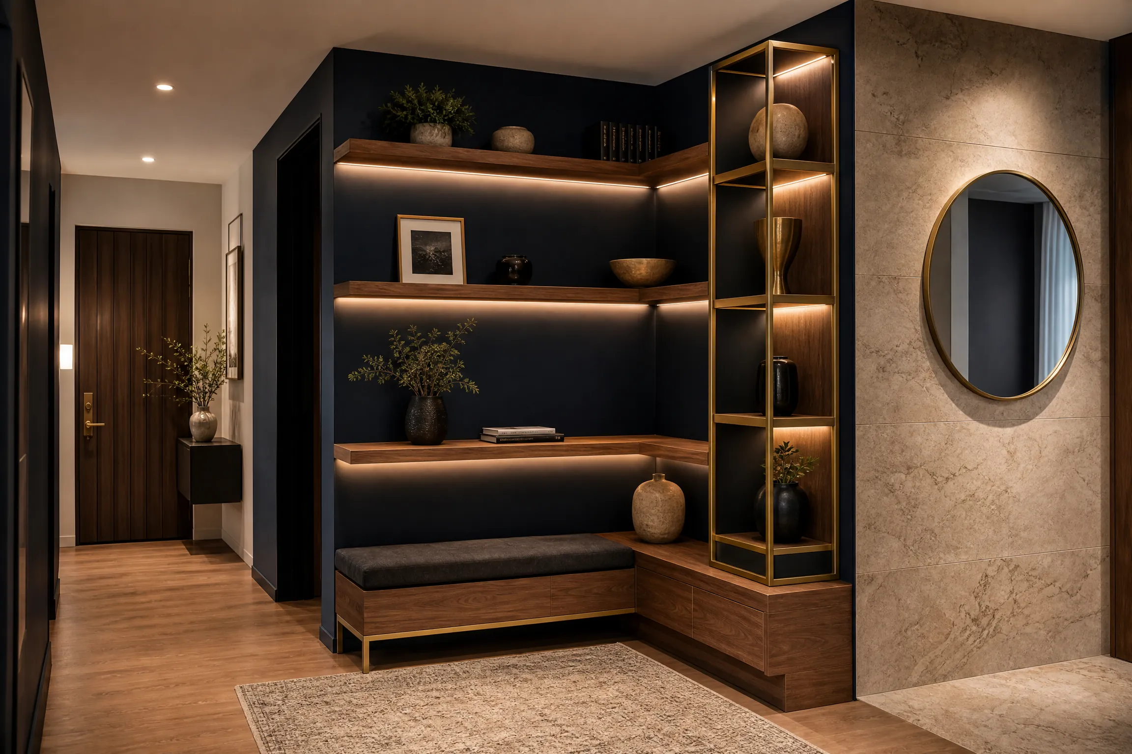Custom corner wall shelves in a luxury apartment entryway