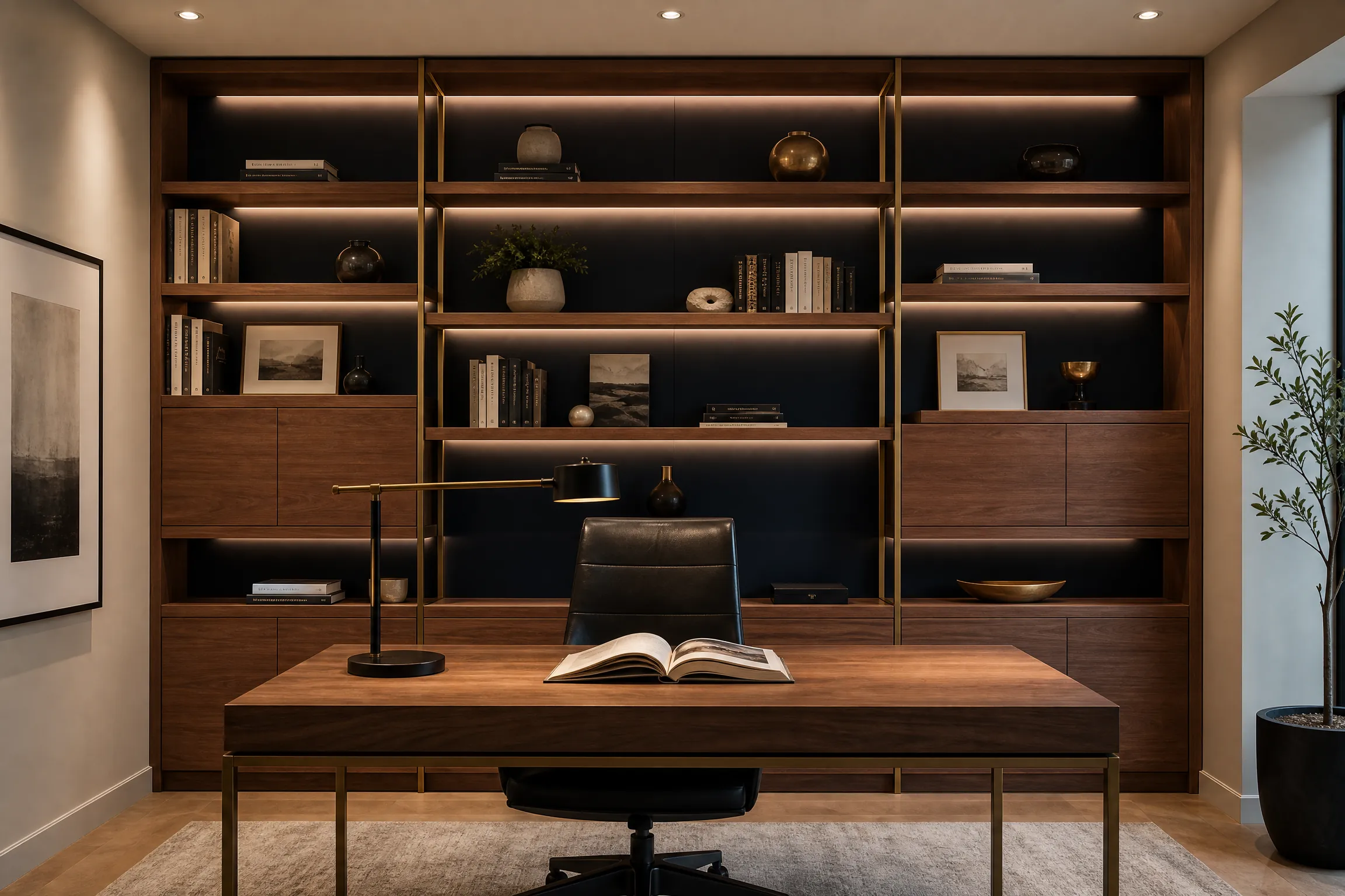 Custom geometric wall shelves in an elegant home office